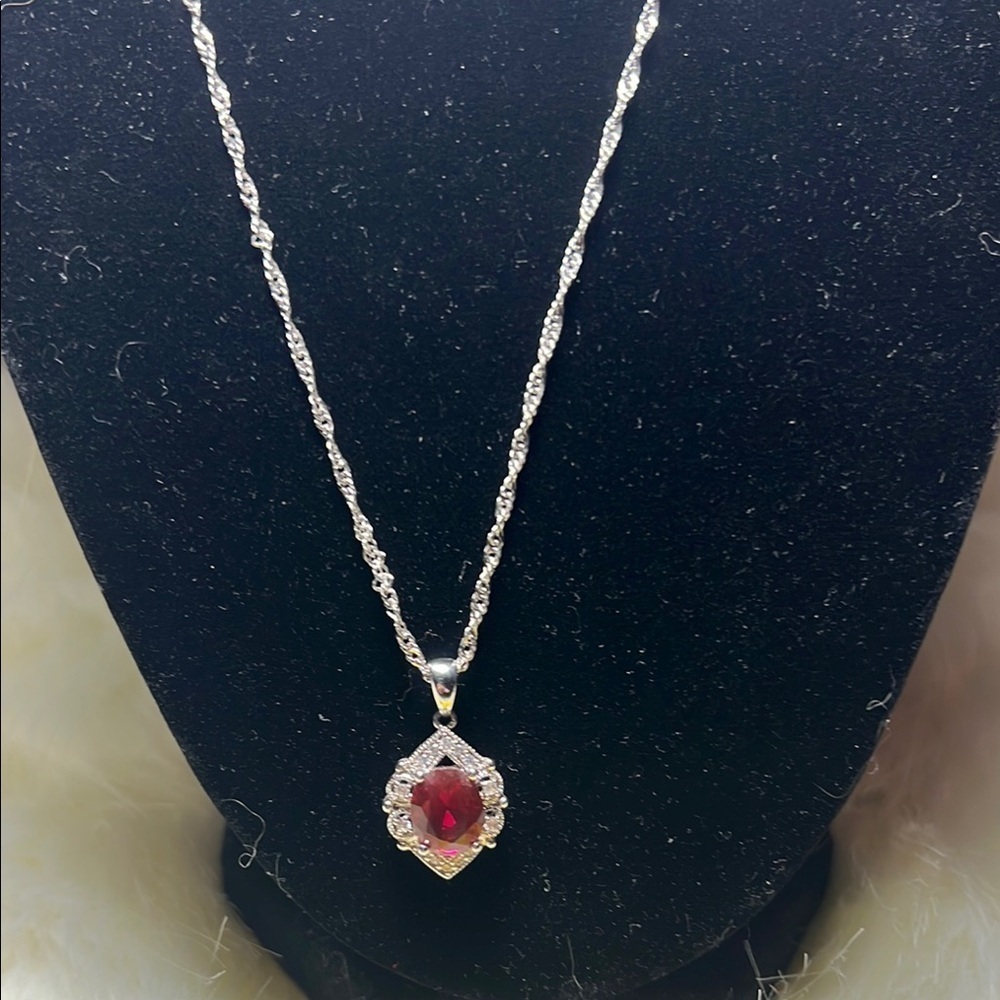 Silver Tone Necklace with Red Gemstone Pendant